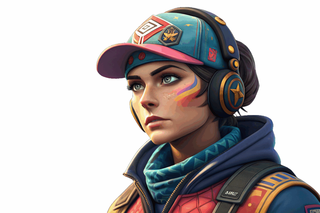 Chica gamer con auriculares y gorra colorida, con una pintura facial en los colores del arcoíris, expresión decidida y vestimenta moderna de estilo futurista.