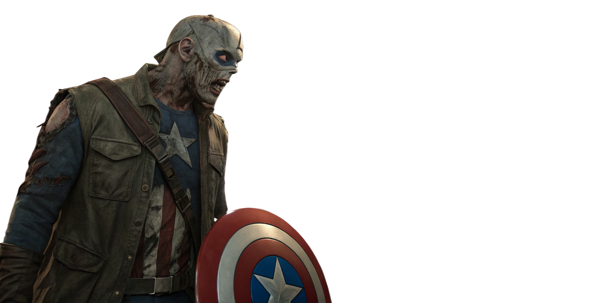 Zombi con escudo dañado inspirado en el Capitán América, vestido con ropa militar rota.