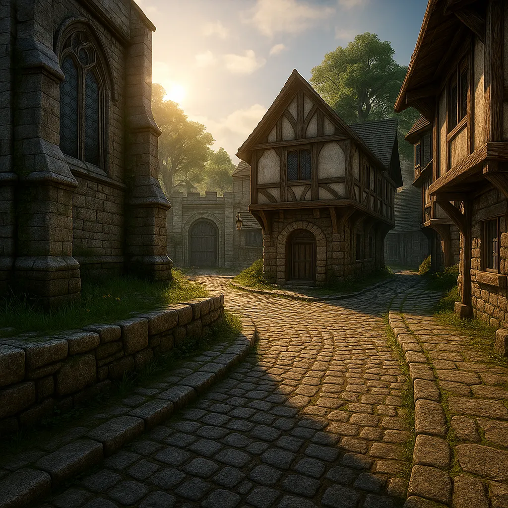 Calle adoquinada de estilo medieval al atardecer, con casas de entramado de madera, muros de piedra y la luz del sol proyectando sombras entre los edificios del remaster de The Elder Scrolls IV: Oblivion.