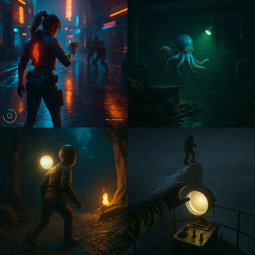 Colaje cuadrado con cinco escenas estilo captura de pantalla de videojuegos: una heroína cyberpunk apuntando en una ciudad lluviosa; un pulpo en un laboratorio submarino; una figura de arcilla caminando en un bosque oscuro; un alpinista en plena tormenta; y una mano encendiendo una luz en un faro en medio del mar.