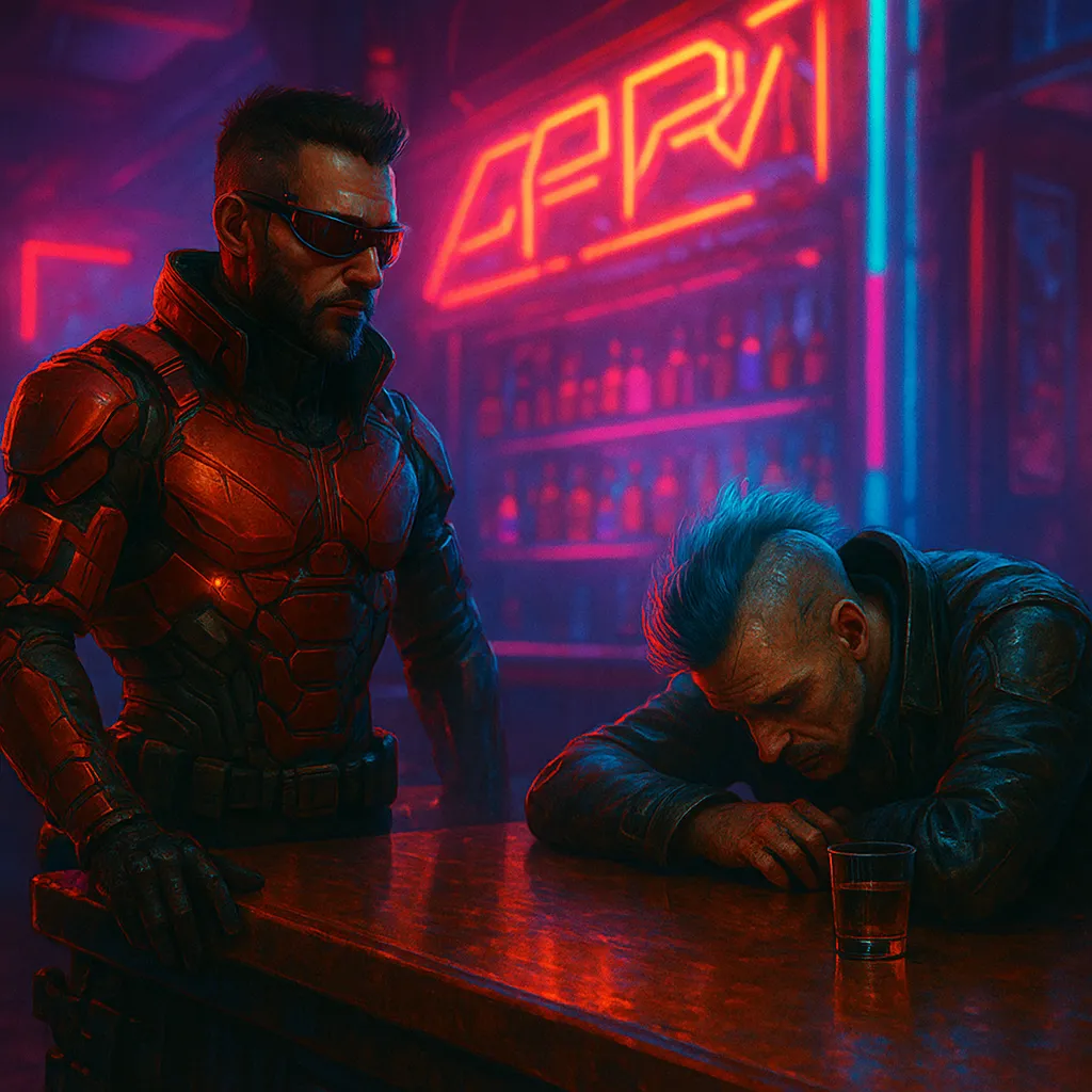Dos personajes cyberpunk en un bar futurista iluminado con luces de neón: uno de pie con un traje rojo blindado y gafas, el otro con cresta azul desplomado sobre la barra junto a un vaso.
