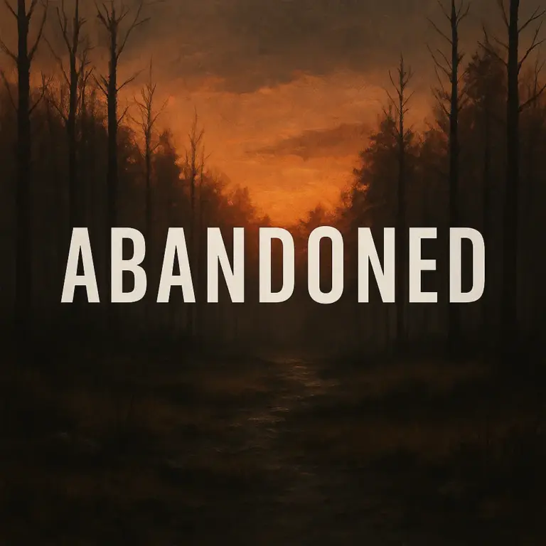 Bosque desolado al atardecer con árboles sin hojas y una atmósfera inquietante; en el centro, la palabra “ABANDONED” en letras grandes y desgastadas sobre el sendero oscuro.