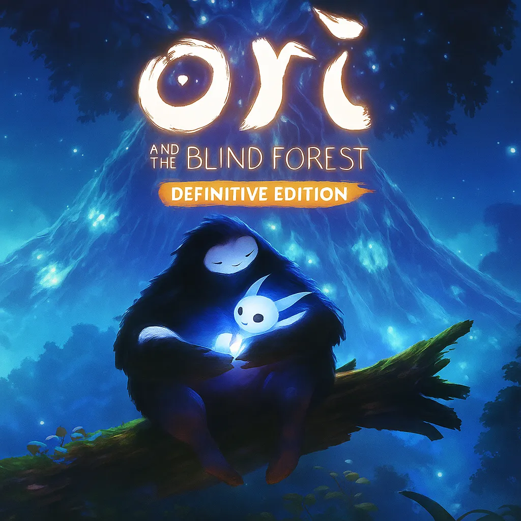 Ilustración promocional de Ori and the Blind Forest: Definitive Edition, con Ori y Naru sentados en una rama iluminada bajo el Árbol del Espíritu, en un bosque nocturno mágico.