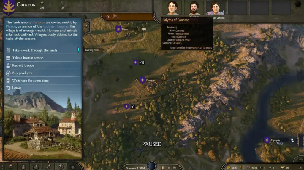Vista del mapa de Mount & Blade II: Bannerlord mostrando la aldea de Canoros y su menú de interacción, con opciones de comercio, reclutamiento y paseo.