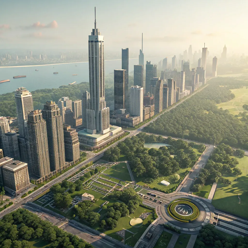 Vista aérea del horizonte de una ciudad futurista junto a un gran parque urbano y un río.