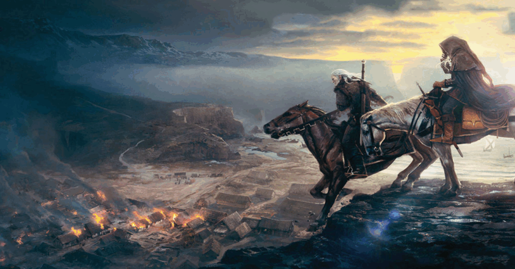 Geralt de Rivia y un misterioso compañero cabalgan sobre un acantilado al amanecer, observando una aldea en llamas a orillas del mar, con montañas al fondo y un cielo dramático.