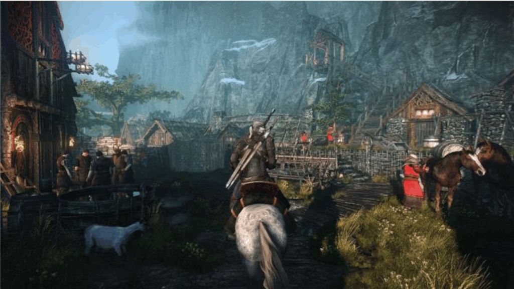 Geralt de Rivia cabalga por un pueblo montañoso lleno de casas de piedra y madera, con aldeanos realizando tareas cotidianas y un imponente acantilado al fondo.