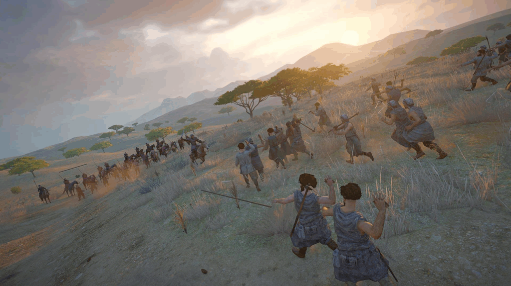 Grupo de infantería ligera enfrentándose a una carga de caballería al atardecer en un campo abierto, escena del videojuego Mount & Blade II: Bannerlord.