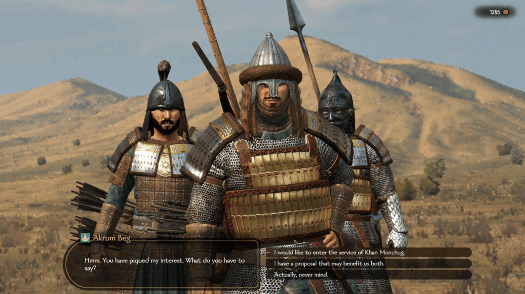 Tres guerreros khuzait con armaduras pesadas dialogan con el jugador en las llanuras de Calradia durante una escena de reclutamiento en Mount & Blade II: Bannerlord.