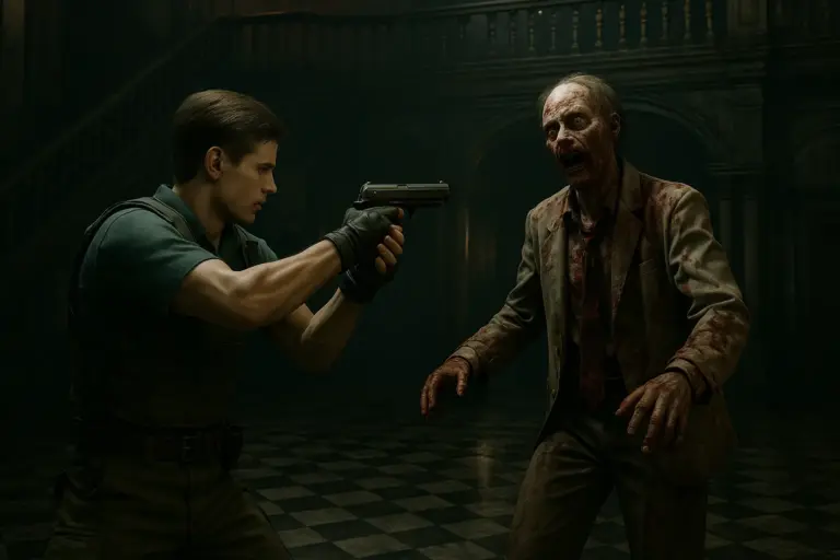 Escena intensa de un videojuego de survival horror donde un joven armado enfrenta a un zombi dentro de una mansión oscura y deteriorada.