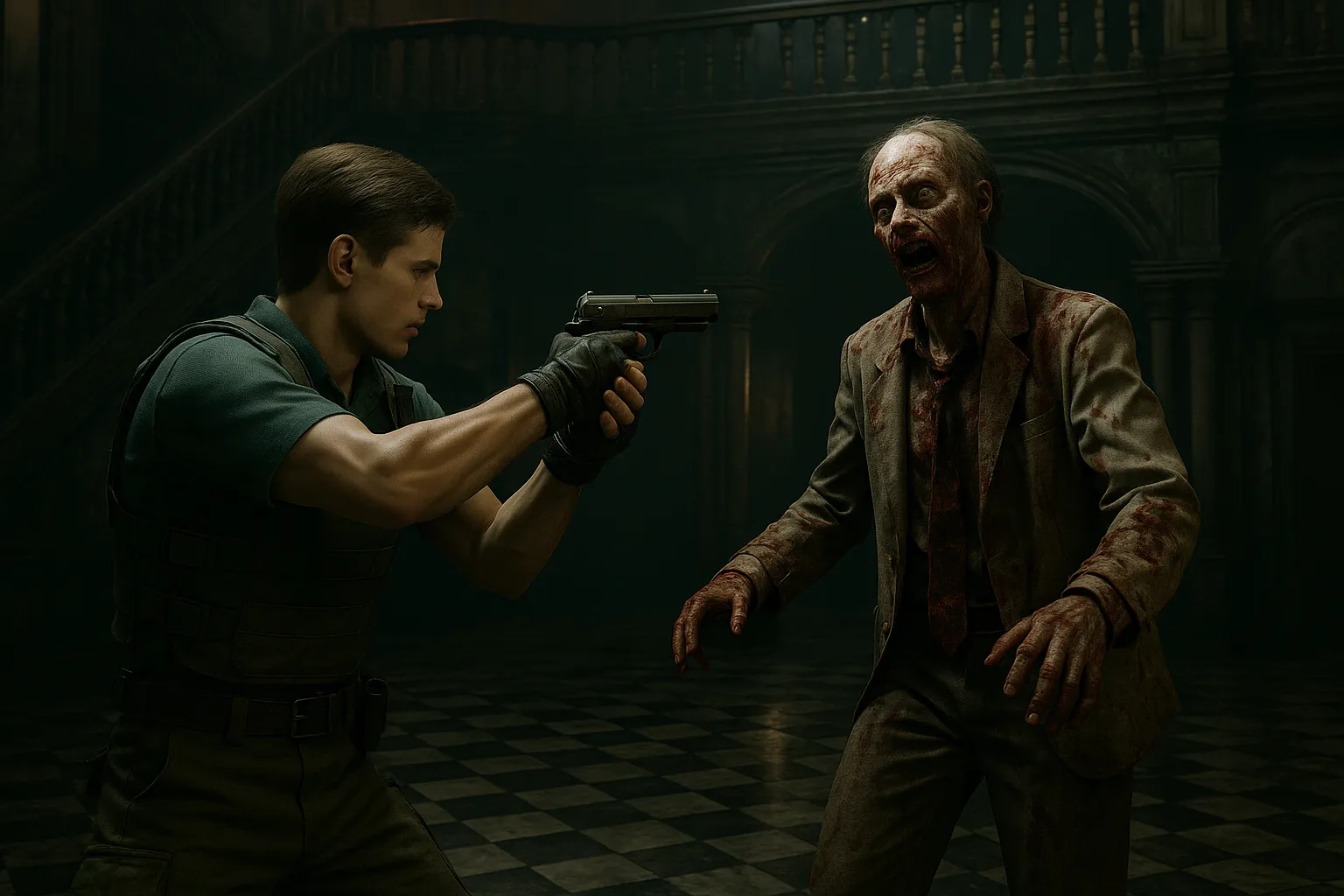 Escena intensa de un videojuego de survival horror donde un joven armado enfrenta a un zombi dentro de una mansión oscura y deteriorada.