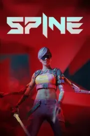 Una combatiente futurista sosteniendo armas dobles, con un fondo rojo iluminado por luces de neón.