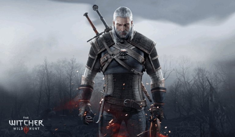 Geralt de Rivia de pie en un bosque oscuro y sombrío, con dos espadas en la espalda y una expresión desafiante, rodeado de cenizas y ramas quemadas.