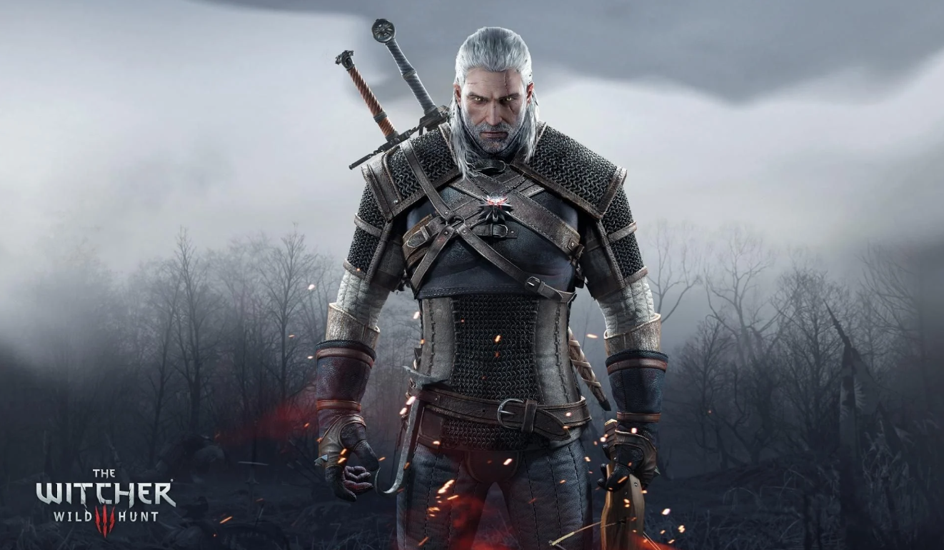 Geralt de Rivia de pie en un bosque oscuro y sombrío, con dos espadas en la espalda y una expresión desafiante, rodeado de cenizas y ramas quemadas.